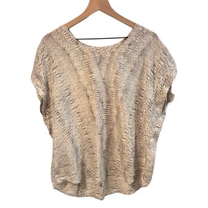 Cabi 100% Silk Beige Gray Printed Dolman Short Sleeve Pullover Blouse Size Large